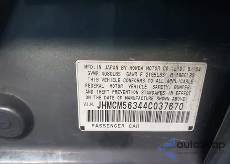 2004 Honda Accord 2.4 Lx из США, поврежденный, VIN JHMCM56344C037670